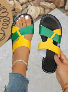 Wide Fit Women's Contrasting Color Sandals, Casual Open Toed Flat Shoes, Lightweight Beach Shoes