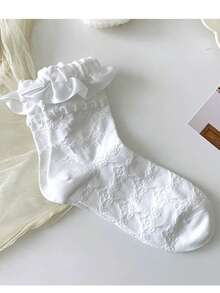 1双女士缎带饰边洛丽塔风格中筒袜，带蝴蝶结，可爱日系女学生过膝袜，圣诞礼物 - 白色 - 查看 10