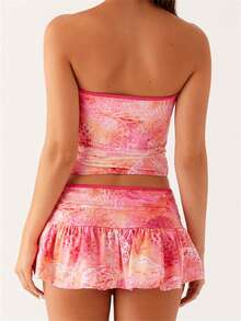 Womens Two Piece Summer Outfits Strapless Tie-Up Front Tube Tops And Mini Skirt Set Clubwear - Pink - View 5