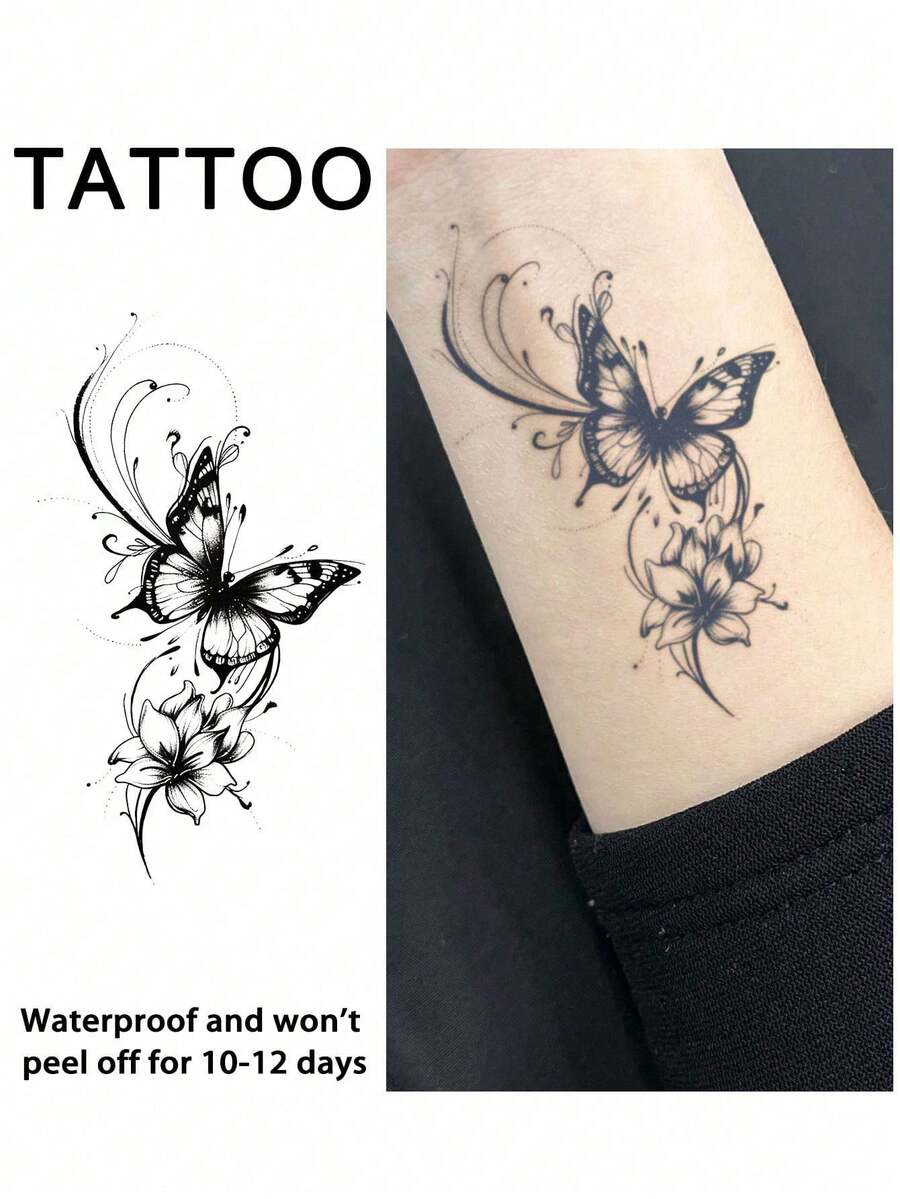 1Pc Butterfly Temporary Tattoos Waterproof Sweatproof Last For 1-2 Weeks Realistic Herbal Juice Anti-Friction Non-Reflective Faux Black Fake Tattoos For Woman And Men Tattoo Stickers For Arm, Chest, Leg, Abdomen, Waist Modernist Body Art - Black - View 1