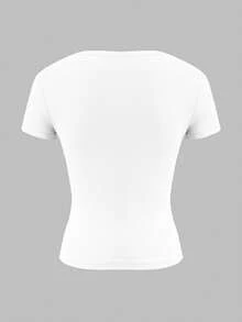 Áo thun nữ Vaiaye cổ chữ V tay ngắn màu trơn, kiểu dáng ôm sát gợi cảm phong cách Y2K, phù hợp mặc hàng ngày, màu trắng thường ngày. - trắng - Xem 4