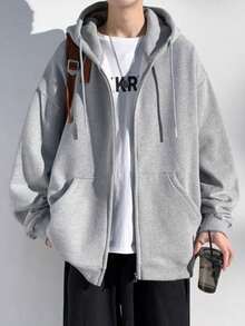 Autumn And Winter Cotton Hoodie Sweatshirt Jacket Solid Color Zipper Cardigan Versatile Sports Top - Light Grey - View 1