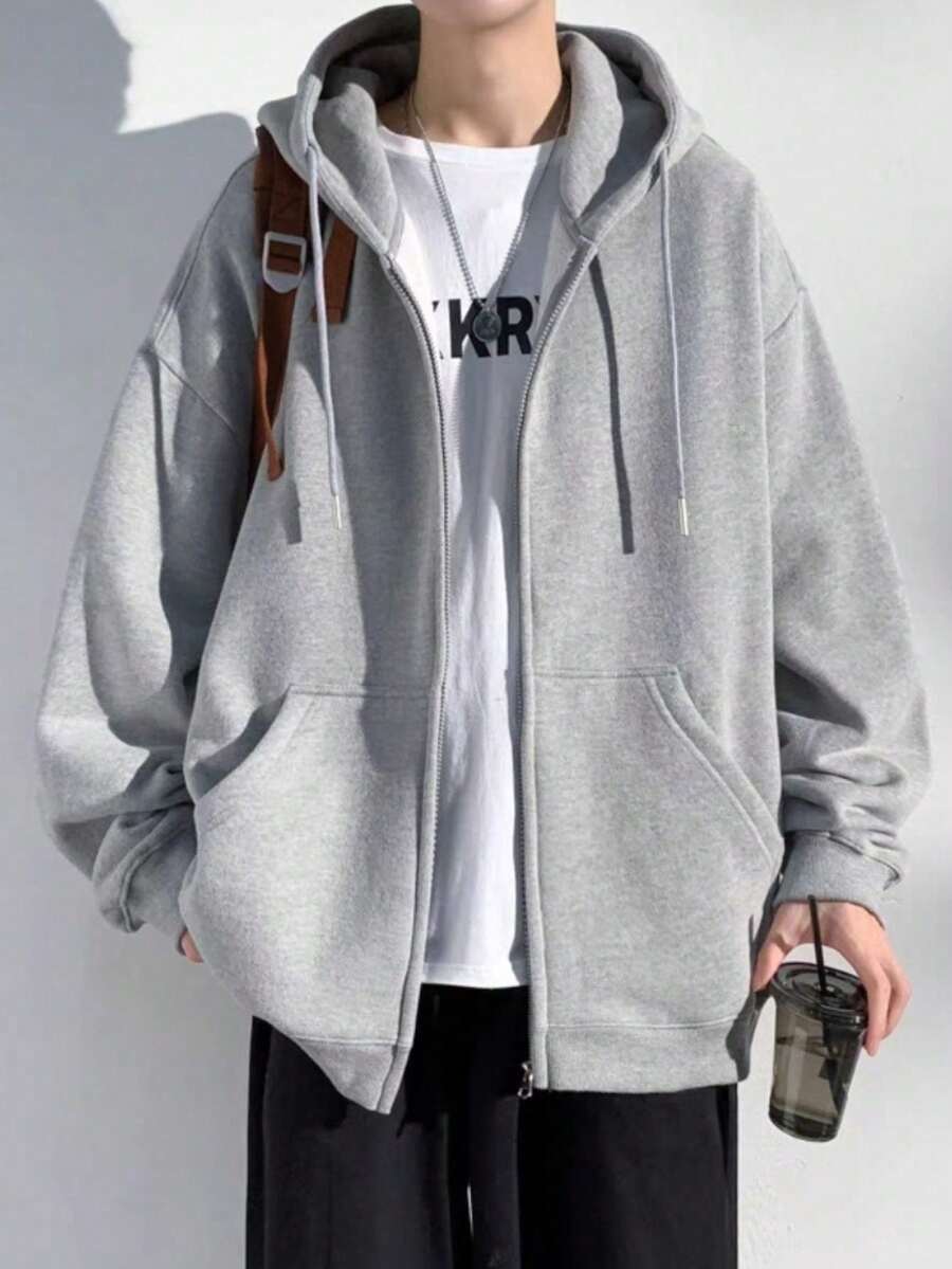 Autumn And Winter Cotton Hoodie Sweatshirt Jacket Solid Color Zipper Cardigan Versatile Sports Top - Light Grey - View 1