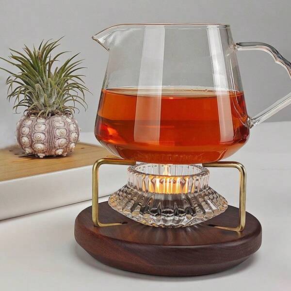 1 Stück Mehrzweck Kerzenhalter & Teeerwärmer Set, Nussholz Kerzen Teeerwärmer Basis, elegantes Glas Kerzenhalter Design, Kerzenhalter Set für Atmosphäre, tragbarer Teeerwärmer für Teepartys, Zusammenkünfte, Restaurants, Cafés und Heimgebrauch, Schulanfang
