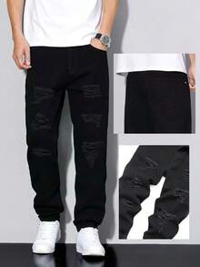 Men's Street Style Black Ripped Pocket Denim Jeans - Black - View 1