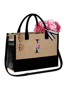 1set ,A Initial Flowers Pattern Tote Bag With Shoulder Straps&A Makeup Bag Initial Letters A-Z Set, Personalized Gift Bag With Side Pockets,Beach Bag With Scarf,Portable Leisure Storage Handbags, Multifunctional Shopping Bags, Travel Simple Storage Bag - Khaki - View 32
