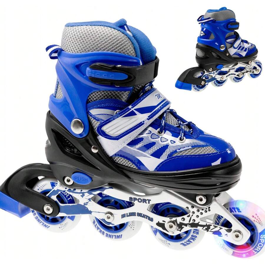 Pattini a rotelle regolabili Quad, Pattini a rotelle per uomini e donne, Taglie 30-41, Pattini a 4 ruote con taglie regolabili, Colore rosso/blu con luce sulla ruota anteriore, Pattini in linea per fitness adulti, Ruote per pattini a rotelle, Scarpe da pattinaggio divertenti, Pattini a rotelle vintage versatili - BLU/ROSSO - Visualizzare 1