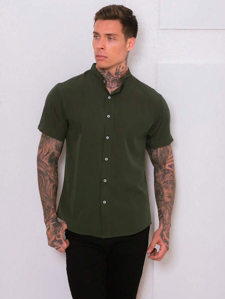 Men's Luxury Priest Collar Dress Shirt With Short Sleeve Slim Fit Linen And Viscose Premium Fabric - 軍綠色 - 查看 1