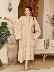 2026 New Style Ramadan Traditional Elegant Embroidered Beaded Gold Dress, V-Neck Tassel Arabic Women's Clothing - Apricot - View 4