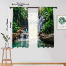 2pcs Tropical Waterfall Print Sheer Curtains, Elegant Style Semi-Transparent Polyester Curtains, Machine Washable, Rod Pocket Hanging, No Lining, Suitable For Living Room And Bedroom Decor