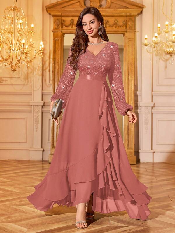 MIUSOL Sequin Floral Lace V-Neck Lantern Sleeve Ruffle Hem Formal Party Maxi Dress, Elegant Party Dress For Women, Formal Evening Gown, Prom Dress, For Wedding Guest, Graduation, Dinner