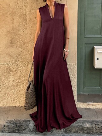 Vestido largo con cuello en V y línea A con apariencia de lino sin mangas para mujer