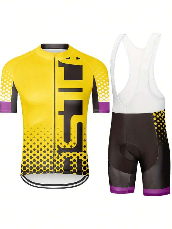 2pcs Summer Men's Cycling Jersey Set ,BIB Short Sleeve Zip-Up Cycling Jersey + Color Blocked Shorts With 9D Padded Cycling Kits