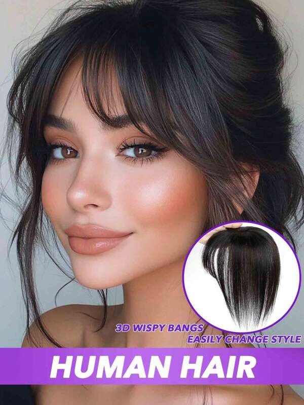 O-Shape Natural Black Straight Human Hair Topper With Bangs - 8" & 10" Real Human Hair Extensions For Thin Hair, Unisex Natural Look Hairpiece For All Ethnicities
