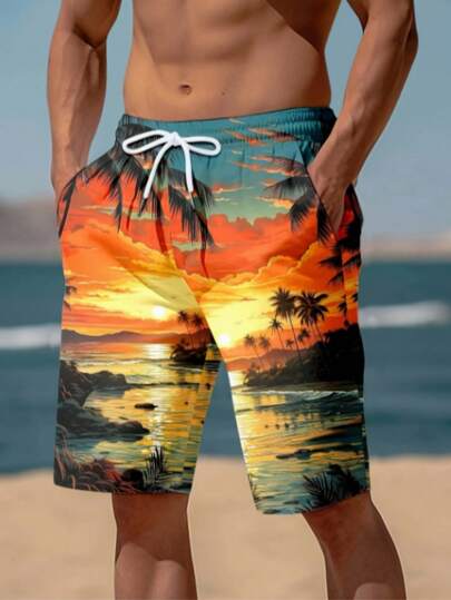 Summer New Originals Style 3D Palm Tree Print Beach Shorts, Palm Tree Pattern Men Hawaiian Vacation Swim Trunks