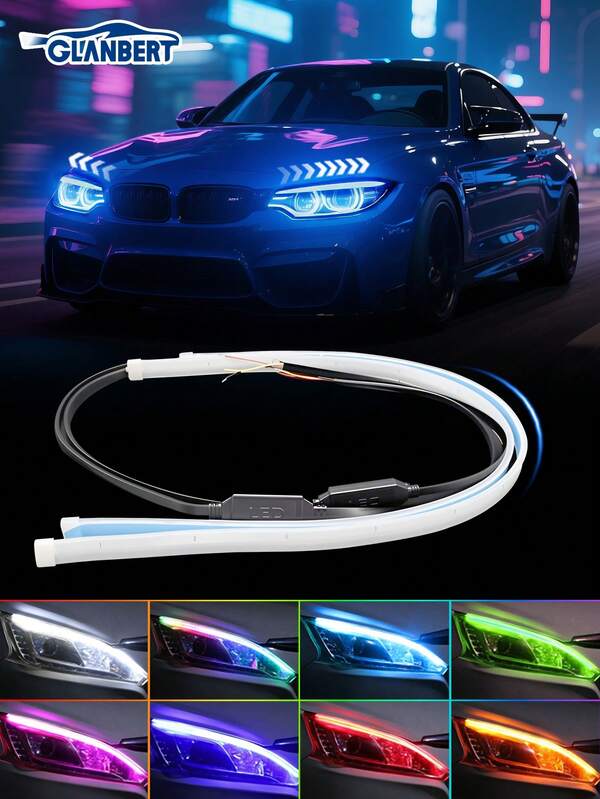 GLANBERT 2pcs 30/45/60cm Flexible LED Car Headlight Slim Strip Sequential Turn Signal DRL Light