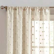 2-Pack Beige Polka Dot Pompom Jacquard Sheer Curtains, Pole Pocket Top For Easy Installation, Soft & Lightweight Polyester Fabric, Translucent Not Transparent, Machine Washable, Rustic European Style For Home, Suitable For Small Windows In Bedroom, Living Room, Kitchen, Office