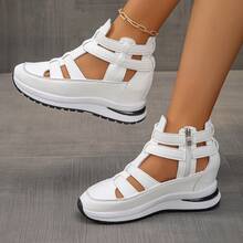 1 par de sandalias de plataforma con cuña de verano, de suela cómoda y suave, con cremallera lateral, para mujer. Esencial para viajar. - Blanco - Ver 4