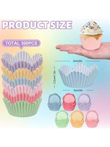 300个花朵纸杯蛋糕衬垫，粉彩花卉烘焙纸杯，粉色、紫色、蓝色、绿色、黄色、橙色，适用于派对用品、婚礼和生日用品、家居和派对装饰、情人节派对、家居装饰、家居礼品 - 彩色 - 查看 3