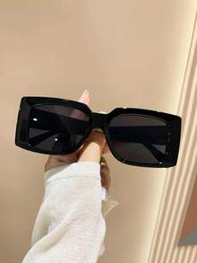 1 Pair Unisex Large Rectangle Black Frame Fashion Sunglasses, Suitable For Street Style, Travel, Sports, Driving, Holiday Outfits, Beach, Music Festival, Outing, Summer Accessories, Vacation, UV Protection, Golf, Hiking, Elegant Attire, Outdoor Activities, Fishing, Holiday, Outdoor Events, Sun Protection, Vacation - 彩色 - 查看 2