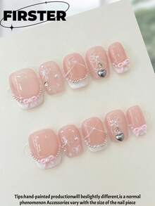 10件纯手工美甲，杏仁形短款指甲，白色粉色可爱指甲，蝴蝶结珍珠设计指甲，心形钻石甜美指甲，优雅简约的四季美甲，简约美甲，派对约会美甲，甜美指甲，可拆卸可重复使用，日常美甲。按压式指甲 美甲用品 美甲 - 彩色 - 查看 19