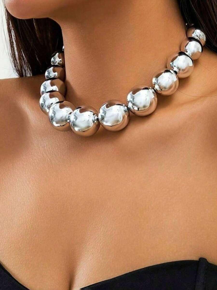 1pc Punk Style Exaggerated Fashion Geometric Bead Necklace, Suitable For Women Collar Necklace - Silver - View 1