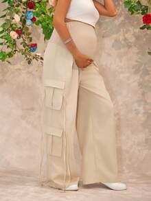 Joyfunear Maternity Casual Solid Color Pocket Cargo Pants - Khaki - View 3