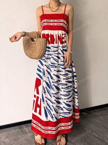 Plus Size Boho Spring And Summer Beachwear For Casual Versatile Suspender Letter Sardine Print Ropical Vacation Woman Clothes A-Line Dress Back To School Fall Women Clothes
