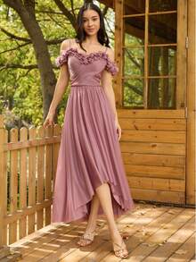 EVERPRETTY 秋季花朵露肩淡粉色伴娘礼服，露背设计，闪亮优雅礼服，婚礼宾客礼服 - 藕粉色 - 查看 9