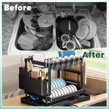 Rustproof Stainless Steel Dish Drying Rack, 2-Tier Large Dish Rack For Kitchen Countertops, Dish Rack With Drainer Plate, Dish Drainer With Utensil Holder And Cup Holder, Dish/Knife/Cup/Cutting Board, Black