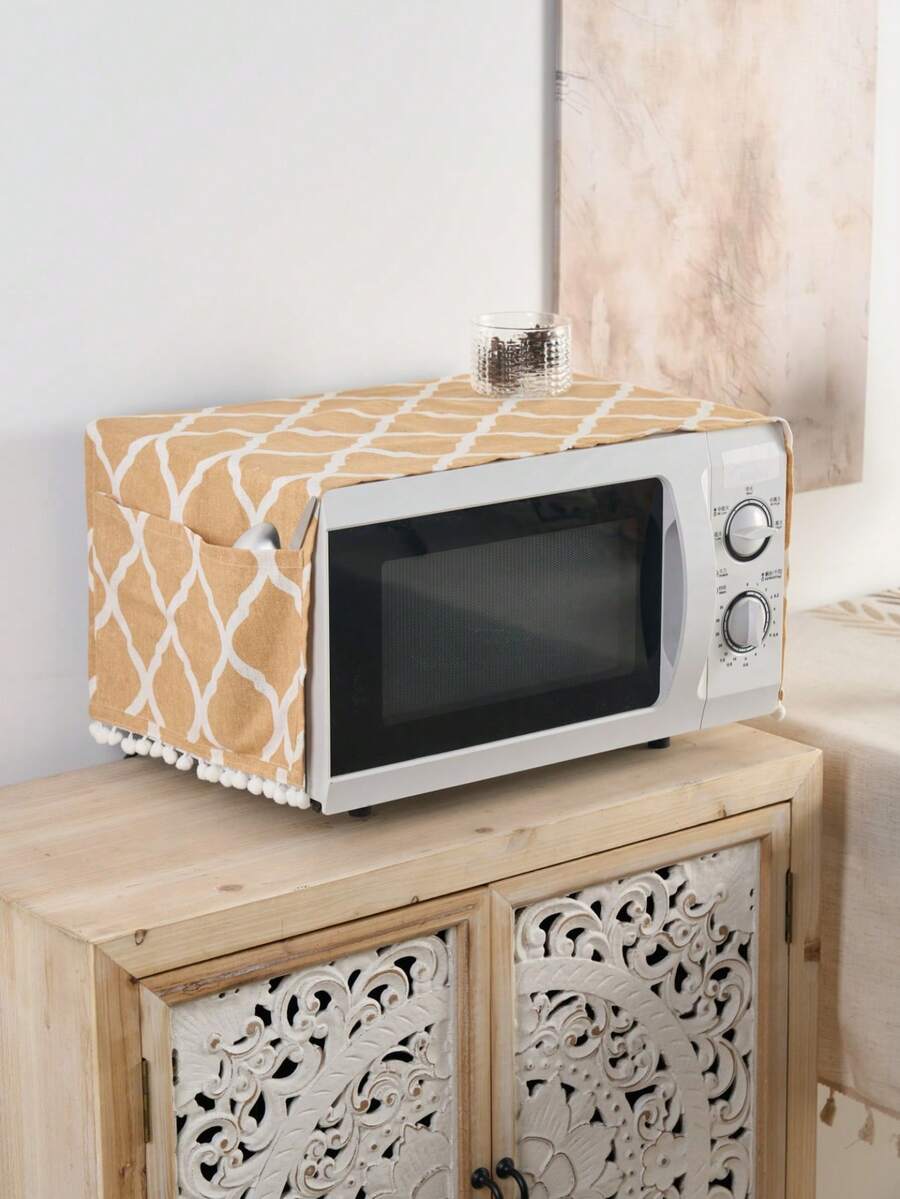 1pc American Style Yellow Rhombus Pattern Microwave Oven Cover, Home Bake Oven Protective Cover, Household Items