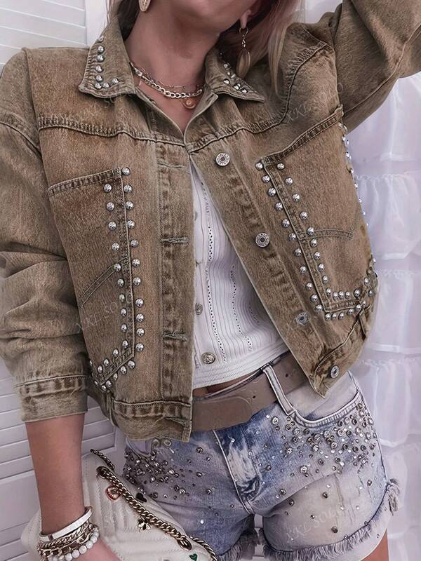 Plus Size Women's Brown Non-Stretch Denim Jacket With Rivets, Embroidered Pockets & Beaded Decor