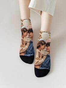 1 Pair Of Printed Socks Men, Custom Personalized Photo, Heat Transfer 360 Degree Print, Personal Face Graphic, Funny Couple Photo Graphic, Premium Summer Socks, Men's Sport Ankle Socks, White Socks For Everyday Wear, Unique Whimsical Gift For Mother's Day, Father's Day And Special Occasions, Black Socks