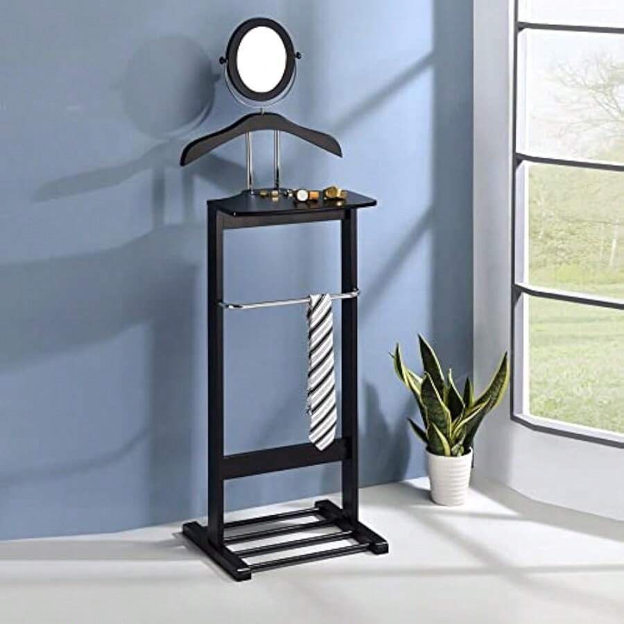 Wardrobe Wood Suit Valet Stand Clothes Trouser Bar Rack Tie Belt Hanger And Shoe Rack Black Chrome - Black/Chrome - View 1