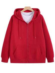 Autumn And Winter Cotton Hoodie Sweatshirt Jacket Solid Color Zipper Cardigan Versatile Sports Top - Rojo - Ver 1