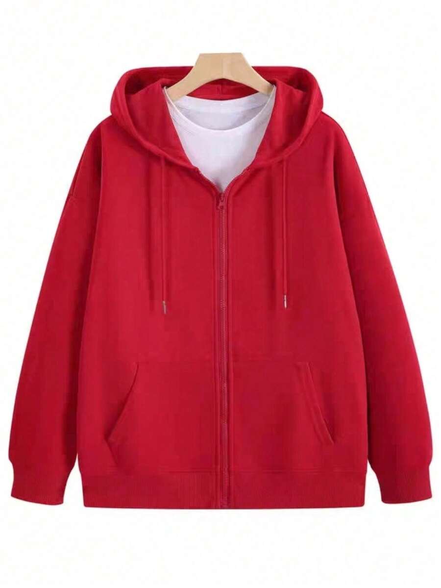 Autumn And Winter Cotton Hoodie Sweatshirt Jacket Solid Color Zipper Cardigan Versatile Sports Top - Rojo - Ver 1