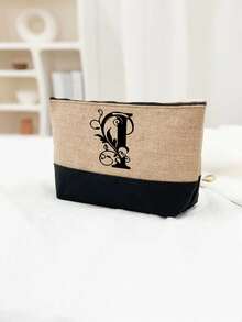 Black Khaki Patchwork Tote Bag Set, Black Vines Wrapped Around The Initial Letters A-Z, With The Same Series Of Color Block Makeup Storage Bag, Toiletry Bag, Wallet, Personalized Gift Bag, Fashionable Personalized Tote Bag - Khaki - View 36