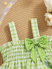 Baby Girl Spring Cable Knit Avocado Embroidered Bow Plaid Camisole Top & Polka Dot Shorts Set - Green - View 3