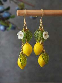 2 Pcs Original Summer Style Sweet Resin Yellow Green Lemons Flowers Dangle Earrings For Women Daily Wear
