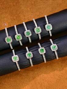 1pc S925 Sterling Silver Square Green Zirconia Elegant Retro Ring, Versatile For Women's Daily Wear, Holiday & Party Gift Jewelry
