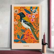 1pc Vibrant Magpie Bird & Floral Canvas Art Print - Rustic Vintage Wall Decor With | Colorful Home, Kitchen, Bedroom, Office & Bathroom Poster ,No Frame