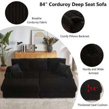84" Corduroy Oversized 3-Seater Sofa With 2 Ottomans, Modular Sectional Deep Seat Sofa With Back And Toss Pillows, Modern Comfy Sofa With 2 Storage Spaces And Cup Grooves For Living Room