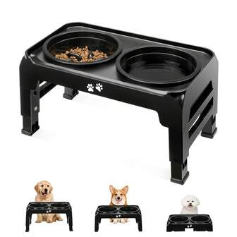 加高狗碗 3 高度可调加高狗碗，带慢食碗和水碗，可调节至 2.75 英寸、6 英寸、7.5 英寸，适合小型犬，黑色、灰色