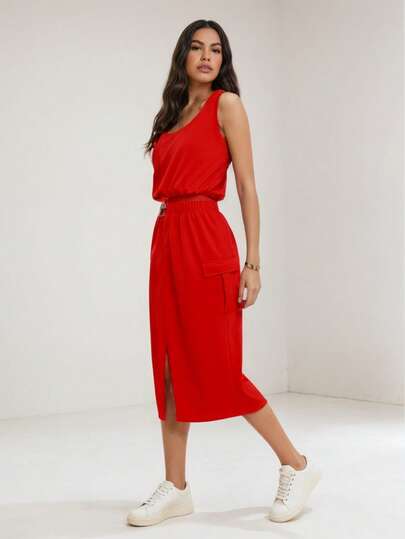 RED MARINE Conjunto de 2 piezas con top de manga corta de cuello redondo y  falda unicolor con bolsillo y cordón, conjunto casual para mujer.