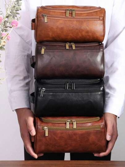 1pc Waterproof Leather Men's Grooming Bag, Hanging Waterproof Makeup Bag, Large Capacity Waterproof Storage Bag, Hanging Travel Grooming Bag, Waterproof Toiletries Storage Bag, Grooming Travel Storage Bag, Cosmetics Storage Bag, Portable Grooming Bag, Fashionable Travel Organizing Bag, Suitable For Travel, Beauty And Personal Care Storage, Shower Bag, Shaving Bag, Travel Essentials