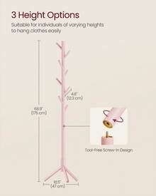 VASAGLE Solid Wood Coat Rack, Free Standing Tree-Shaped Coat Rack With 8 Hooks, 3 Height Options, For Clothes, Hats, Bags, Living Room, Bedroom, Home Office - Pink - View 4