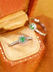 1pc S925 Sterling Silver Square Green Zirconia Elegant Retro Ring, Versatile For Women's Daily Wear, Holiday & Party Gift Jewelry