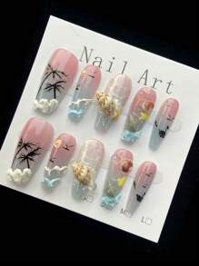 10 Pieces Of Handmade Fantasy Ocean Press On Nails,Summer Nails, Exquisite Shell Decoration, Press On Nails Coffin,Fashionable Design Coffin-Shaped Full-Coverage Nail Pieces, Creating A Sophisticated Look, Suitable For Women And Girls To Wear Daily Or On Holidays.