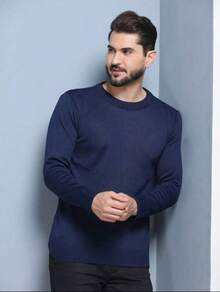 MEN'S PLAIN WOOL KNITTED SWEATER TOP, ROUND NECK, LONG SLEEVE, WINTER - Màu xanh lam - Xem 8