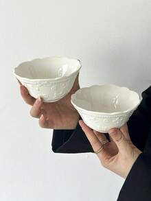 1pc/2pcs French Embossed Flower & Bow Ceramic Bowl, Breakfast Oatmeal Bowl, Fruit Salad Bowl, Afternoon Tea Dessert/Ice Cream Bowl, Household Rice/Pasta Bowl,School Supplies